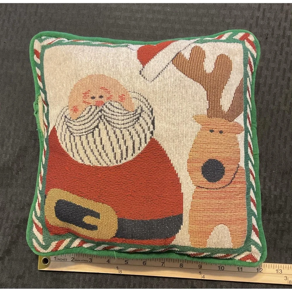Christmas Santa Reindeer Tapestry‎ Throw Pillow Holiday Accent Decor Woven Green